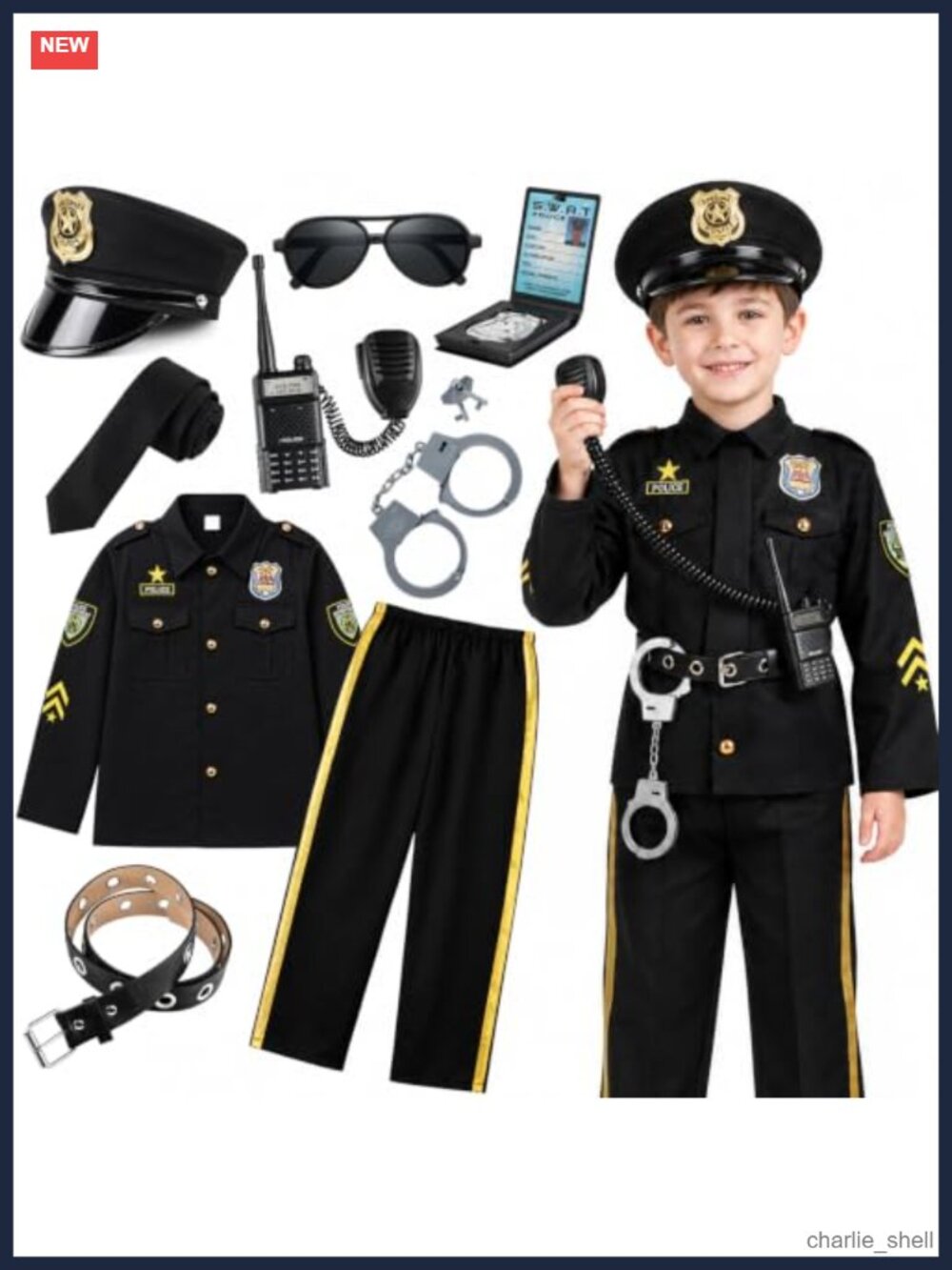 Kids Police Officer Costume Set 5-Piece Halloween Pretend Play Polyester